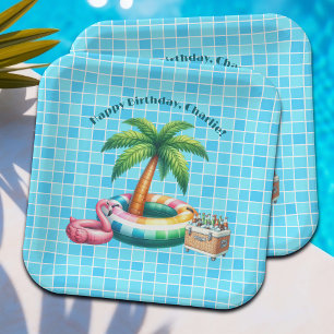 Palm Trees Pool Party Flamingo Birthday Party Paper Plate