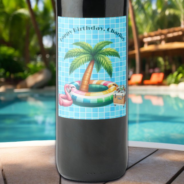 Palm Trees Pool Party Flamingo Birthday Party Wine Label (Creator Uploaded)
