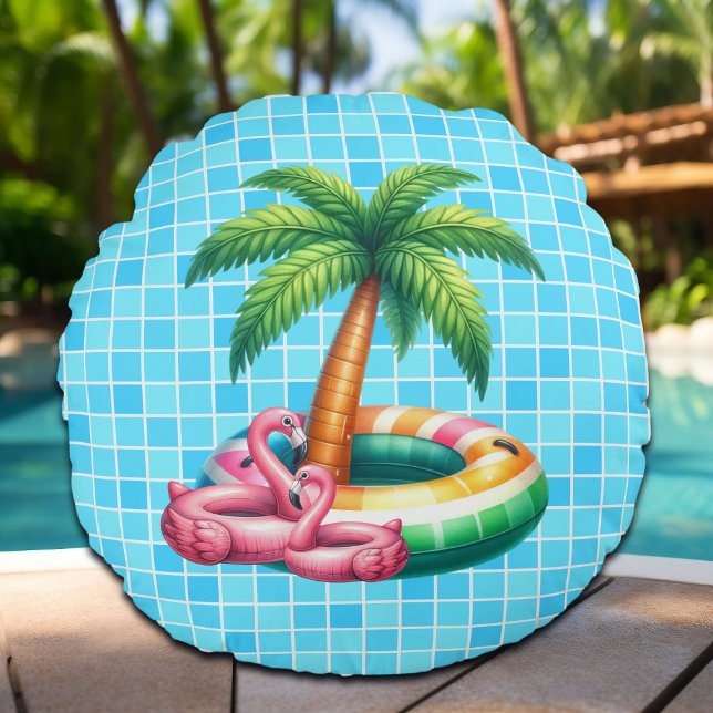 Palm Trees Pool Party Flamingo Round Pillow (Creator Uploaded)