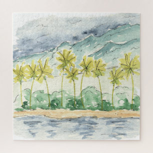 Palm Trees Santa Barbara California Watercolor Jigsaw Puzzle