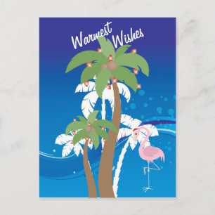 Palm Trees, Santa Flamingo Beach Christmas Holiday Postcard