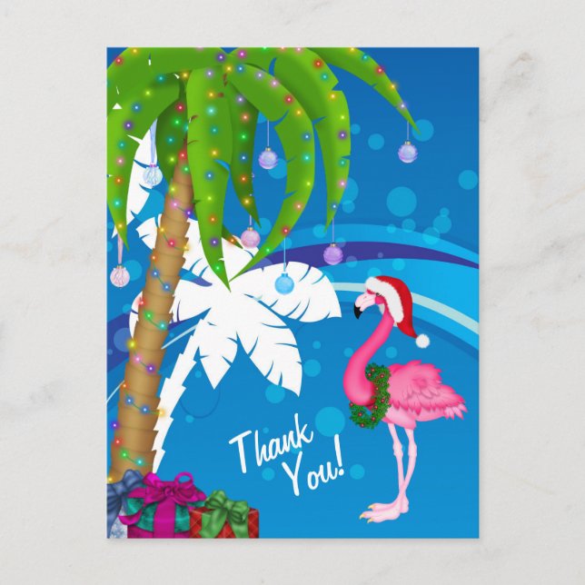 Palm Trees Santa Flamingo Holiday Beach Thank You Postcard (Front)