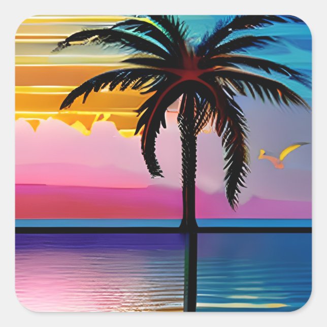 Palm Trees, Seagull and Sunset Square Sticker (Front)