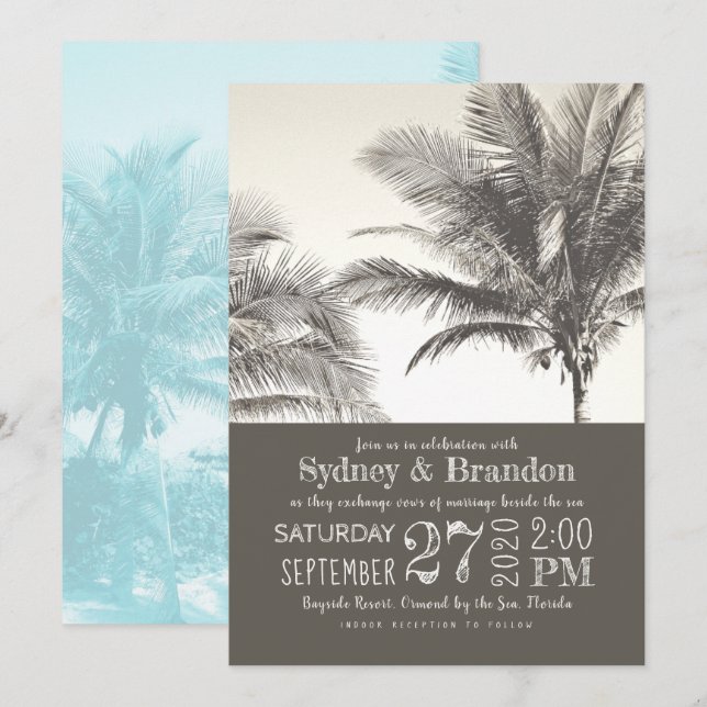 Palm Trees Sepia Typography Wedding Invitation (Front/Back)