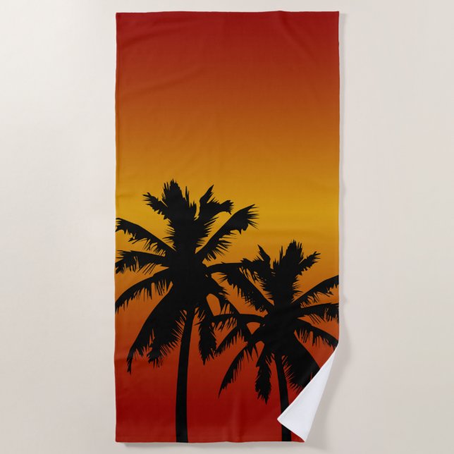 Palm Trees Silhouette In Orange Sunset Beach Towel (Front)