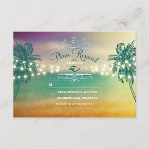 Palm trees string lights beach wedding RSVP cards