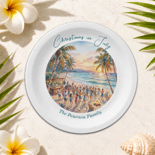 Palm Trees String Lights Party Christmas in July Paper Plate
