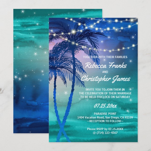 Palm Trees Strings of Lights Wedding Invitations (Front/Back)
