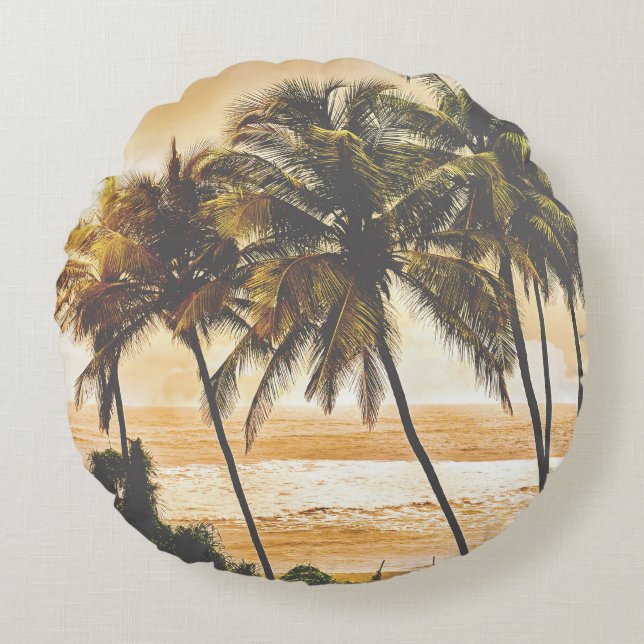 Palm Trees Sunset: Goa Vintage Round Pillow (Front)