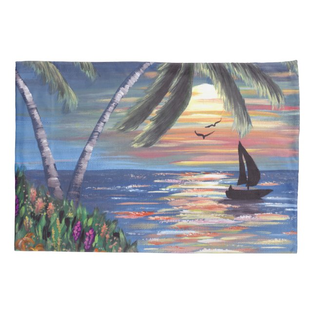 Palm Trees Sunset Ocean Painting Pillowcase (Back)
