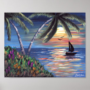 Palm Trees Sunset Ocean Painting Poster
