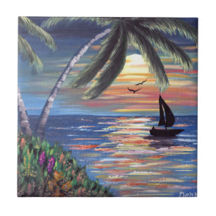 Palm Trees Sunset Ocean Painting Tile