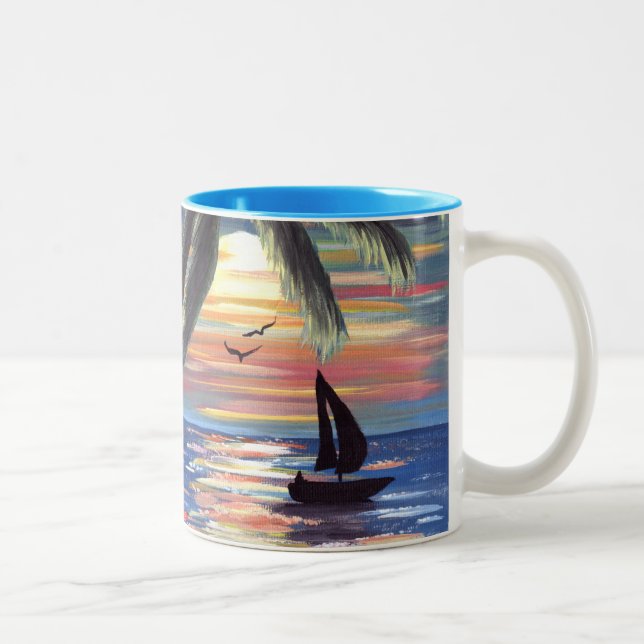 Palm Trees Sunset Ocean Painting Two-Tone Coffee Mug (Right)