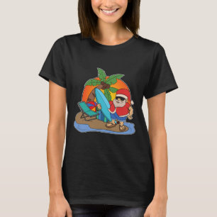 Palm Trees Sunset Surfing Santa Funny Christmas In T-Shirt