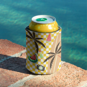 Palm Trees Surfboard Checkered Summer  Can Cooler