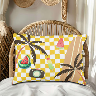 Palm Trees Surfboard Chequered Summer  Accent Pillow