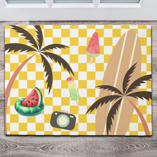 Palm Trees Surfboard Chequered Summer  Doormat (Creator Uploaded)