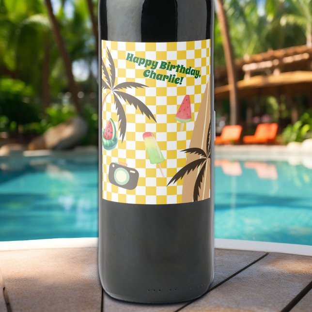 Palm Trees Surfboard Chequered Summer Party Wine Label (Creator Uploaded)