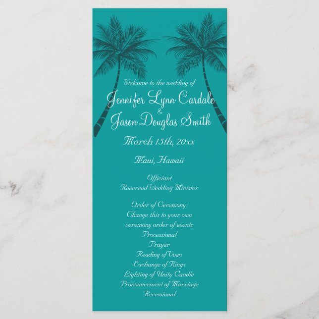 Palm Trees Teal Blue Beach Wedding Programs (Front)