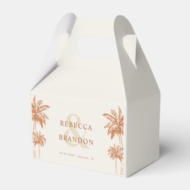 Palm Trees Terracotta Boho Beach Names Wedding Favor Box (Front Side)