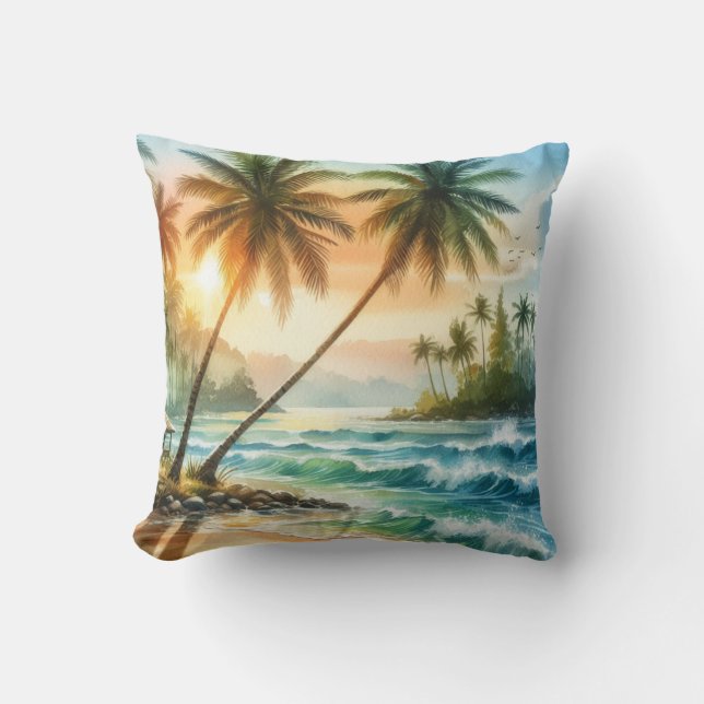 Palm Trees Tropical Beach Ocean Waves Sunset  Throw Pillow (Front)