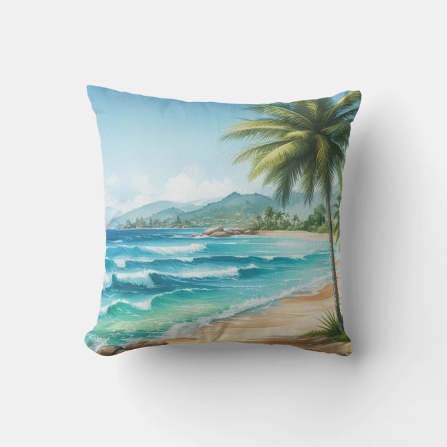 Palm Trees Tropical Beach Ocean Waves Watercolors  Throw Pillow (Front)