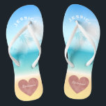 Palm Trees Tropical Beach Wedding Heart Bridesmaid Flip Flops<br><div class="desc">Personalized, trendy rose gold heart beach wedding flip flop sandals for bridesmaids and other members of the bridal party- Background is a tropical beach scene with a palm trees against a pretty blue sky and full sunlight with aqua turquoise water and sandy beach. Faux foil, rose gold heart design at...</div>