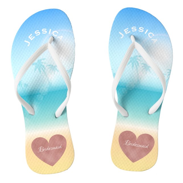 Palm Trees Tropical Beach Wedding Heart Bridesmaid Flip Flops (Footbed)