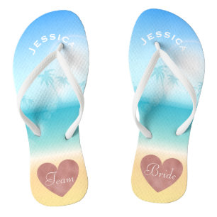 Palm Trees Tropical Beach Wedding Team Bride Heart Flip Flops