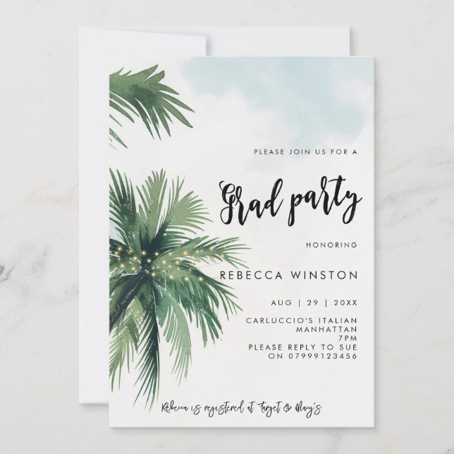 palm trees tropical graduation party invitation (Front)