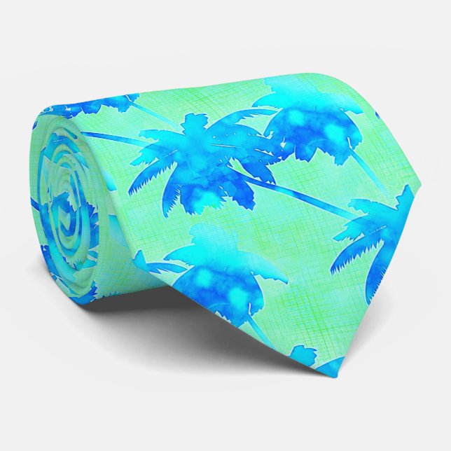 Palm Trees Tropical Pattern Bright Blue Green Tie (Rolled)
