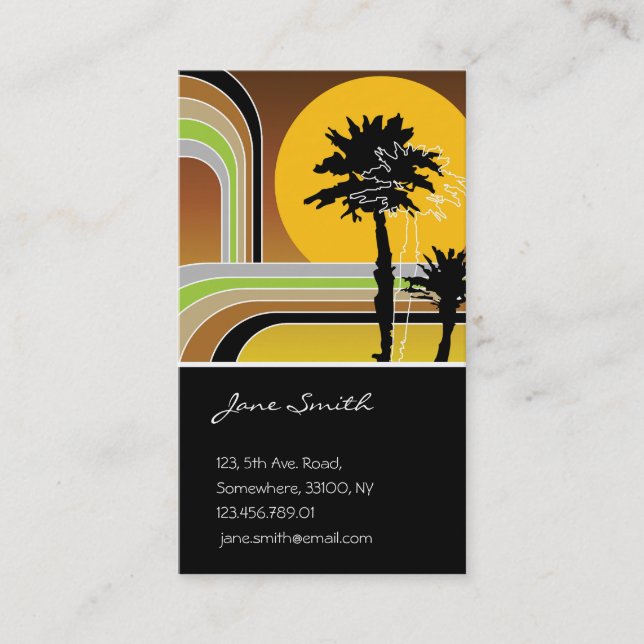 Palm Trees Tropical Retro Beach Sunset Stripes Mod Business Card (Front)