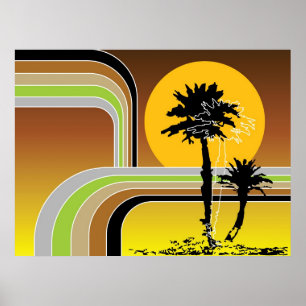 Palm Trees Tropical Retro Beach Sunset Stripes Mod Poster