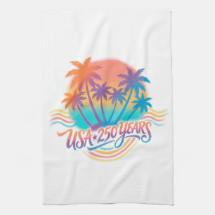 Palm Trees USA 250 Years Patriotic Desert Sunrise Kitchen Towel
