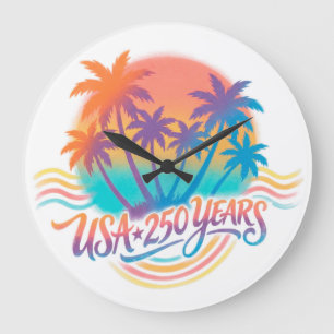 Palm Trees USA 250 Years Patriotic Desert Sunrise Large Clock