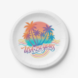 Palm Trees USA 250 Years Patriotic Desert Sunrise Paper Plate