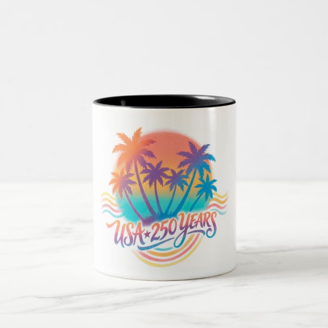 Palm Trees USA 250 Years Patriotic Desert Sunrise Two-Tone Coffee Mug (Center)