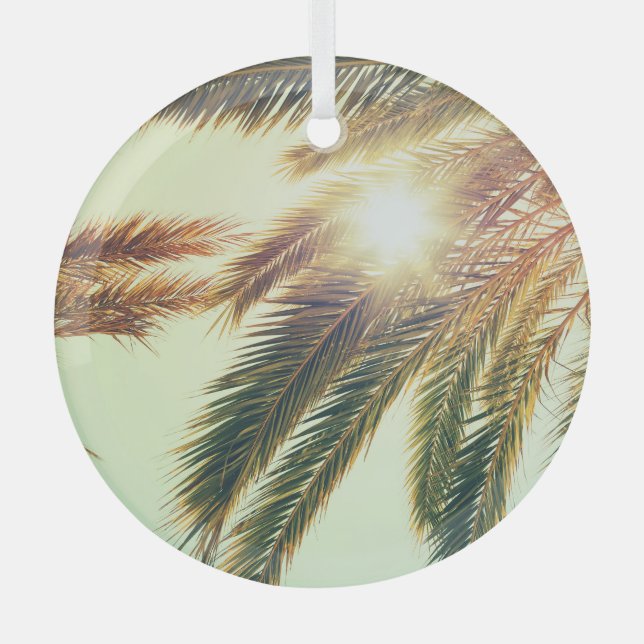 Palm Trees, Vintage Toned Sky. Glass Ornament (Front)