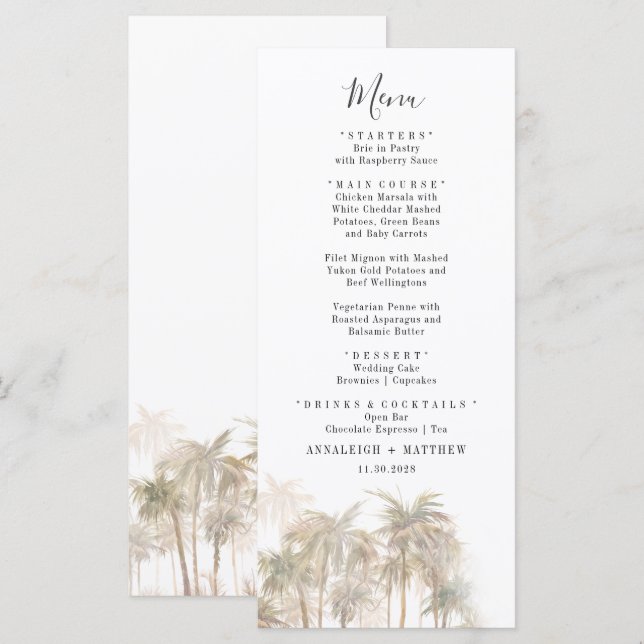 Palm Trees Watercolor Coastal Wedding Menu (Front/Back)