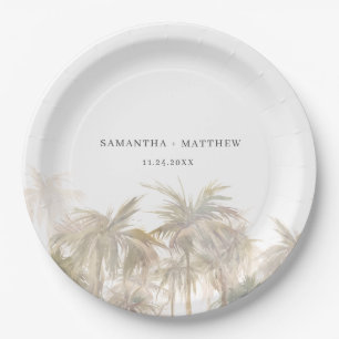 Palm Trees Watercolor Coastal Wedding Paper Plate