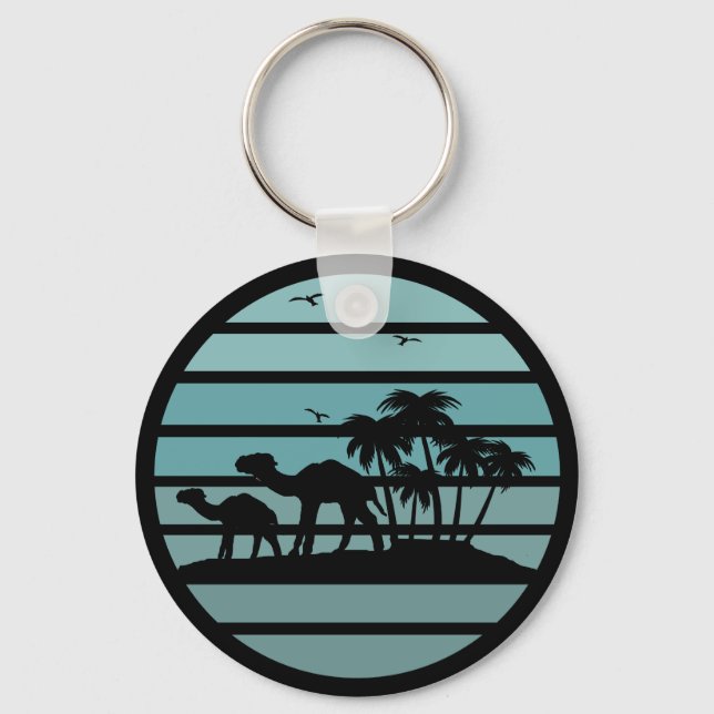 palm trees with camels sunset vintage keychain (Front)