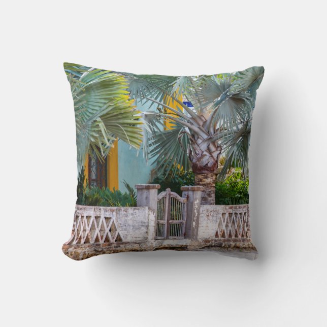 Palm Trees with Rustic Gate |  Mexico Ceramic Cera Throw Pillow (Front)
