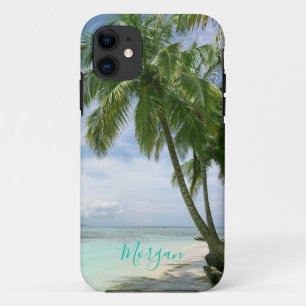 Palm Trees, Your Photo, Name Teal Script iPhone 11 Case
