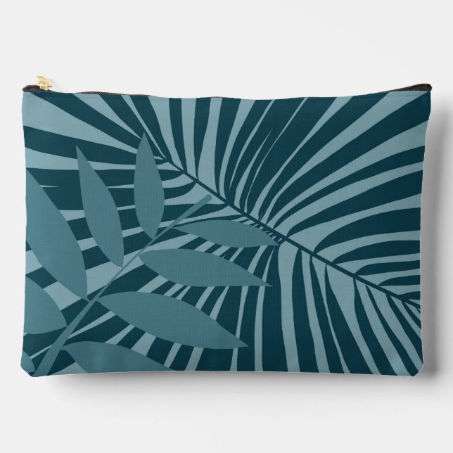 palm & tropical leaf abstract in blue green grey accessory pouch (Front)