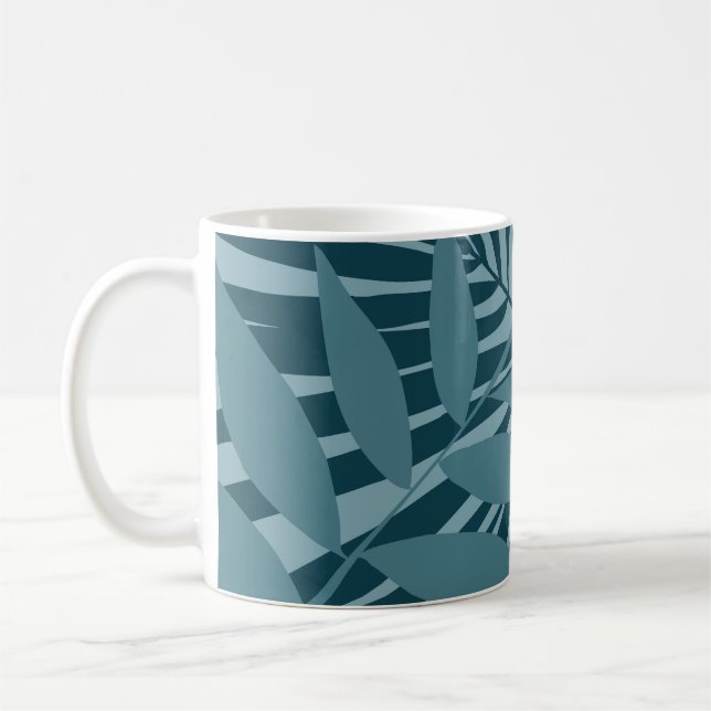 palm & tropical leaf abstract in blue green grey coffee mug (Left)