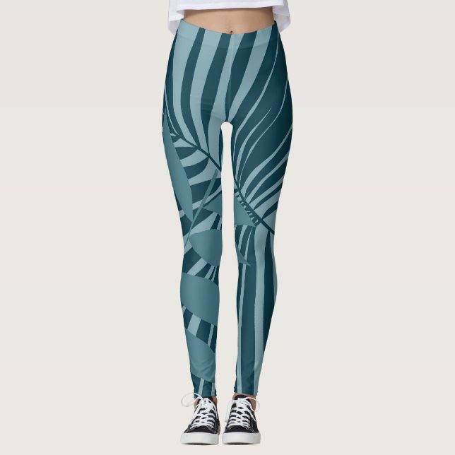palm & tropical leaf abstract in blue green grey leggings (Front)