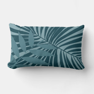 palm & tropical leaf abstract in blue green grey lumbar pillow