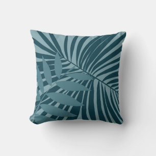 palm & tropical leaf abstract in blue green grey throw pillow