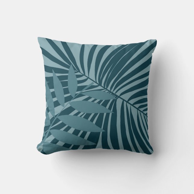 palm & tropical leaf abstract in blue green grey throw pillow (Front)