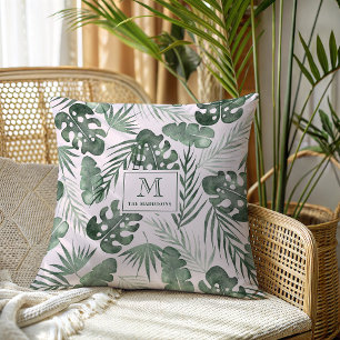 Palm Tropical Leaves Pattern Family Monogram Name Throw Pillow
